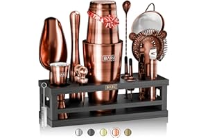 BARE BARREL® Kit per la preparazione di cocktail, kit da barista da 16 pezzi, shaker per cocktail, espositore in bambù e 35 biglietti di ricette, set regalo per cocktail mixology (shaker Boston da 800