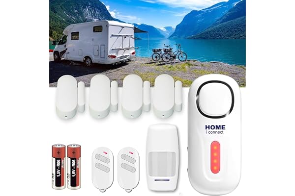 Nouveau - Alarme de Camping Car - 100% Autonome - Alimentation par Piles - Sirène Puissante avec 4 détecteurs d'ouverture et 1 Détecteur de Mouvement.