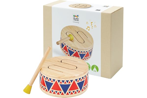 PlanToys Tambour pour Enfants - Jouet Musical en Bois dès 1 An - Batterie Enfant avec Maillet à Tête en Caoutchouc - Instrument Musical pour Petits, Wood