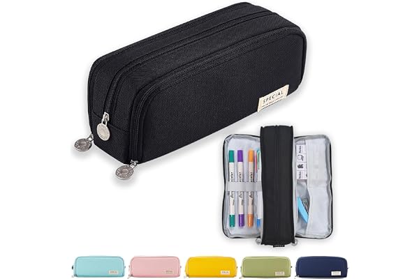 X SIM FITNESSX Trousse à Crayons pour Adolescents et Filles - 3 Compartiments - Grande capacité - pour l'école et Le Bureau (Noir)