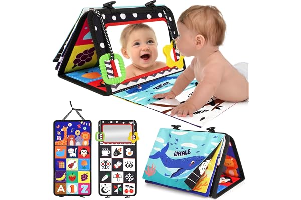 URMYWO Jouet Bebe 0-3-6-9-12 Mois - Miroir d'Éveil Pliable avec Jouet de Dentition et Livre Papier froissé Sensoriel - Montessori Noir et Blanc à Motifs Contrastés pour l'Éveil des Bébés