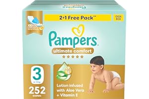 Pampers Ultimate Comfort Taped Diapers, Size 3, 6-10kg, Lotion infused with Aloe Vera and Vitamin E, x1000 Leak Locks Technology for Leakage Protection, Giga Box, 252 Count