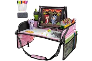 Lusso Gear Reisetisch Auto Kinder mit Schreibtafel | Unverzichtbare Reisebegleiter | Knietablett Kinder Auto | Tablet-Halter |Getränkehalter | Spielzeugaufbewahrung |Flugzeug und Autositze (Einhorn)