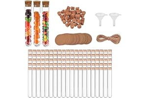 FEBSOW 100 tubos de ensayo con corcho, 15x100 mm(13 ml), tubos de ensayo de plástico para regalos y mesa de laboratorio, incluye colgante de papel de estraza y cuerda de cáñamo, DIY Craft Candy Liquids