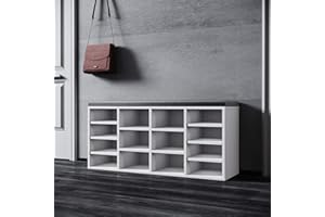 SONNI Szafka na buty z ławką do siedzenia, regał na buty białe drewno, z regulowanymi półkami, z miejscem do przechowywania, z szarą poduszką do siedzenia, szer. 103,5 x gł. 30 x wys. 48 cm