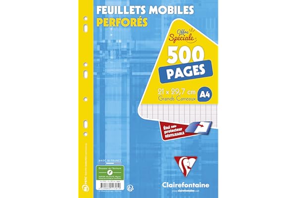 Clairefontaine 11791C Un Étui de Feuillets Mobiles Perforés - A4 21x29,7 cm - 500 Pages Grands Carreaux - Papier Blanc 90 g - Étui Réutilisable