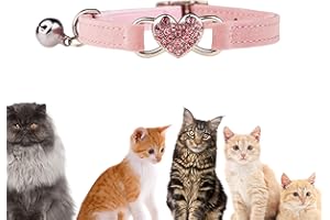 TRIWORIAE-Collar para Gato con Campana de Terciopelo Suave y Seguro, Ajustable, con corazón de Cristal Diamante de imitación, de 20 a 28 cm Rosa