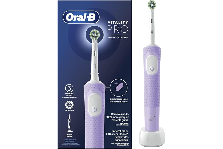 Oral-B Vitality Pro Rechargeable Electric Toothbrush, 3 Brushing Modes, Long Lasting Battery, 1 Head and 1 Toothbrush, Purple, Gift Idea