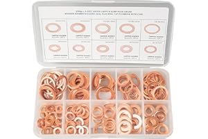 TEOKANTZ 200pcs Solid Copper Gasket Set, 9 Sizes Metric Copper Sealing Rings Assortment Kit, Copper Discs Hardware Accessories Washers Kit Round Seals Solid Copper Slot Plug