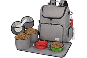 Modoker Hunde-Reisetaschen-Rucksack, von Fluggesellschaften zugelassenes Haustierzubehör-Organizer für Hund und Katze mit Schultergurt, 2 Hundefutter-Aufbewahrungsbehälter, 1 Haustiermatte, Grau