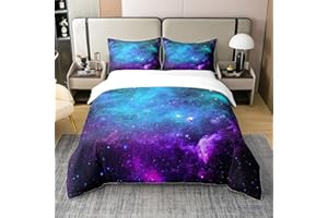 HOMEWISH Galaxy 100% Baumwolle Bettbezug Teal Blau Lila Sternenhimmel Bettwäsche Set 135x200 Universum Outer Space Tröster Bezug für Jungen Mädchen Jugend,Kosmische Sterne Bett-Sets mit 1 Kissenbezug