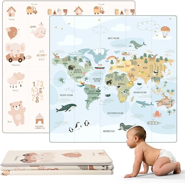HuBorns - Spielmatte Baby Faltbar 200x180 cm und Wendbar, Krabbelmatte Baby Schadstofffrei mit CE Zertifikat, Play Mat XXL Gepolstert, Spielmatte Rutschfest und Wasserdicht (Weltkarte) - 1