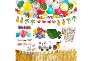 SALADOCY 147 Stück Hawaii Party Dekoration Set, Luau Tischröcke, Banner, Künstliche Palmenblätter, Ananas Kuchendeckel und 3D Frucht Strohhalme Genschirm BBQ Tropischen Garten Tiki Sommer Party Dekoration