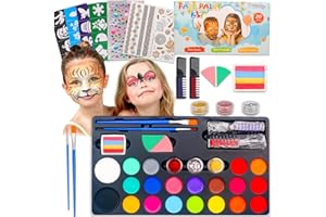 Owelth 20 Colores Pinturas Cara Para Niños, Pintura Facial Mayor Capacidad Blanco y Negro con Tatuajes Purpurina, Pintacaras Infantil Hipoalergenica Maquillaje Carnaval Halloween Regalo Niños