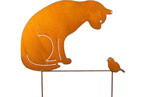 Blümelhuber Decorazione da giardino in ruggine con gatto e uccelli, decorazione per aiuole, effetto ruggine