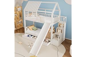 Becag Kinderbett Etagenbett 90x200 für 2 Kinder, Hausbett Hochbett mit Treppe & Rutsche, Schließfächer & Schubladen Stauraum, Holzbett Bettgestell mit Rausfallschutz & Lattenrost, Ohne Matratze, Weiß