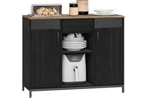 HOMCOM Aparador de 2 Puertas con Tablero Colgante, Aparador para Salón con Cajón, Compartimentos Abiertos, Estantes Ajustables, para Cocina, Entrada, Oficina, Negro, 100x40x80 cm