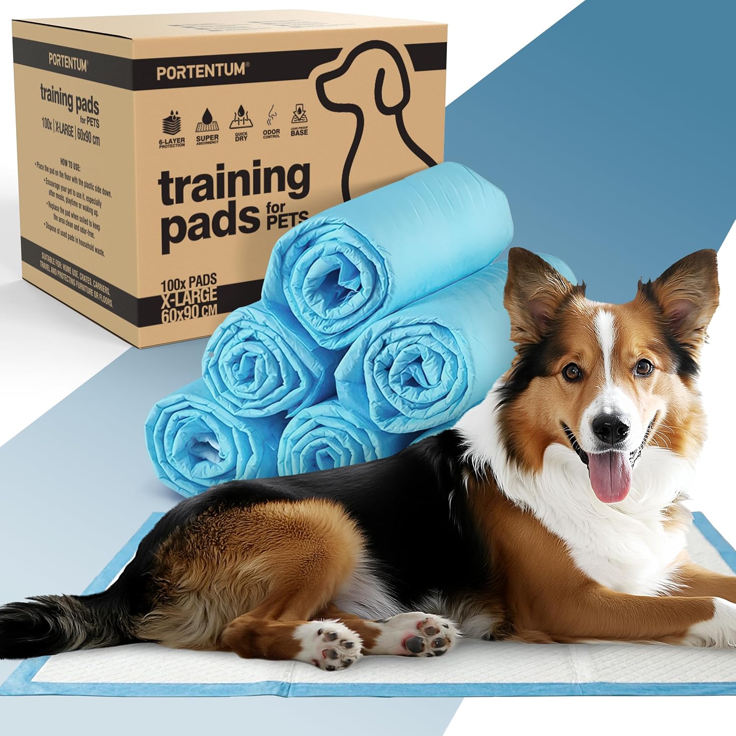 PORTENTUM Empapadores Perros 90x60 cm 100 Unidades – 6 Capas absorbentes antifugas con Control de olores – Alfombrillas Desechables para Entrenamiento – Inodoro para Perros