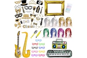 BDSMJOY 75 Stück Party Deko Fotobox Accessoires,Aufblasbar Musik Party Zubehör,Foto Requisiten,Perücken,Party Dekoration für Hochzeit,Halloween,Weihnachten,Tischdeko Geburtstag,Karneval,Silvester Deko