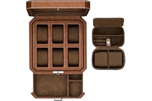 ROTHWELL Coffret cadeau en cuir à 6 emplacements avec tiroir valet – Organiseur de luxe pour montres – boîte à bijoux verrouillable, boîte de rangement pour homme avec grand plateau en verre (brun roux/marron)