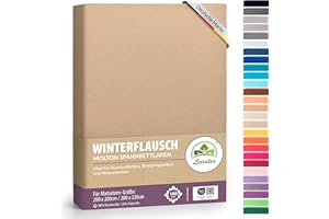 ‎LEEVITEX Winter Spannbettlaken | Farbenfrohes Thermo Fleece | Spannbetttuch, Bettlaken in vielen Größen und Farben (200x220 cm +40cm Steg, Sand/Cappuccino)
