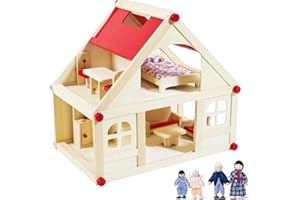 Izzy Wooden Doll's House with 2 Floors, 4 Dolls and 9 Pieces of Furniture, Carry Handle (Children's Dollhouse with 2 Floors, Furniture and Accessories) - (38 x 27 x 39 cm)