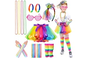 Ballery 80s Fancy Dress for Kids Girls, 1980s Retro Costume Outfits Accessories Set Includes Tutu Skirt Necklace Leg Warmers Gloves Earrings Lace Headband Glasses Bracelets Hair Ties