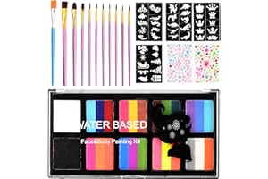 Hoxfly 10 Colors Professional Face Body Painting Kit,Non-Toxic Rainbow Body Paint with 10 Brushes,Face and Body Paints with Gem Sheet,Stencils,Kids Face Paint Kit,for Halloween Christmas Cosplay