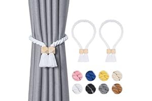 Pretty Jolly Polyeder magnetische Vorhang-Raffhalter aus Holz, Boho-Dekoration, Raffhalter, natürliche Baumwolle, handgewebt, für Fenstervorhänge für Zuhause und Büro, Weiß, 2 Stück