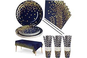 Nkaiso 126 Pezzi Blu Navy Oro Stoviglie per Feste, Festa Decorazioni Set Include Piatti di Carta Tovaglioli Tazze di Carta Cannucce Tovaglia,per Nuziale Matrimonio,Compleanno -25 Ospiti
