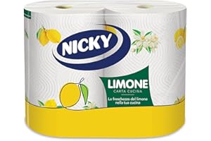 Nicky Limone Carta Cucina - 2 Rotoli da 100 Fogli Assorbenti a 2 Veli, Spessa e Resistente, Fresco Profumo di Limone, Carta 100% Certificata FSC®