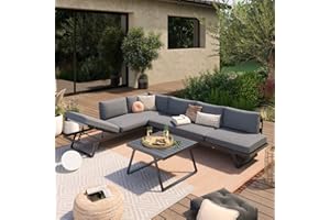 Avril Paris Ensemble Salon de Jardin d’Angle Modulable et Fonctionnel 6 Places en Aluminium – Coussins Rembourrés Gris - 2 Canapés 3 Places Inclinables et 1 Table Basse – Helios