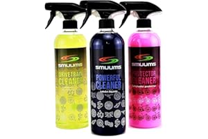 SMUUMS Bike - Pack Desengrasa, Lava y Protege. 3 Limpiadores de 750ml - Mantenimiento Cadena, Cassette, Plato, Cambio, Cuadro, Discos, Suspensiones y Componentes de tu Bicicleta.