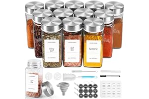 SXTIHD Tarros de cristal para especias, cuadrados, 12 × 120 ml, juego de recipientes para guardar especias con tapas de acero inoxidable, etiqueta