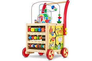 Balinco WALKER WOODEN, 2 in 1, girello per bambini con freno + cubo motorio e labirinto di perline, girello regolabile in altezza, giocattolo motorio da 1 anno di età