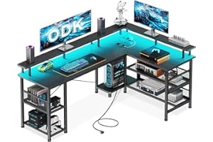 ODK Biurko do gier z diodami LED, odwracalne biurko narożne z 2 gniazdami i 2 portami USB, duże biurko do gier narożne z siatkową półką, czarne włókno węglowe, 150 x 102 cm