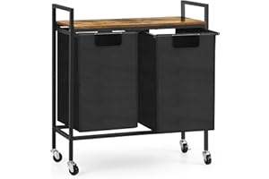 SHINOSKE Cesto Portabiancheria a 2 Scomparti, Cesto per il bucato 90L Estraibile con Ampio Ripiano Superiore e 2 Sacchi Rimovibili, per Lavanderia Bagno, Struttura Metallo, 73x30x74cm, Marrone e Nero