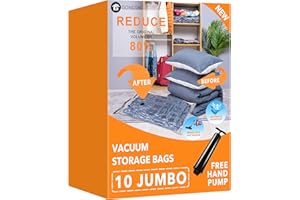 GONGSHI Vacuum Storage Bags (10 x Jumbo), Space Saver Sealer Compression Bags with Travel Hand Pump for Blankets, Comforters, Pillows, Clothes Storage