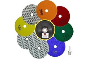 QUEFORET Diamant Polierpads Set 10 Stücke - 8 Stücke 100mm Trocken Polierscheiben (Körnung 50 x 3, 100 x 2, 200/400/800), 1 Stück Polierteller, 1 Stück Adapter für Granit Marmor Quarz Kunststein