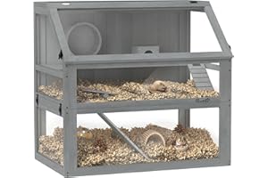 PawHut Hamsterkäfig aus Holz 3 Etagen mit Tiefem Untergeschoss für Hohe Einstreu, Nagarium mit Abnehmbaren Ebenen für Leichte Reinigung, Kleintierkäfig mit Laufrad und Hütte, 80 x 50 x 76 cm, Hellgrau