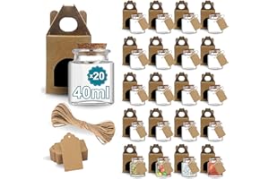 Espirito Rebelde 20 barattoli quadrati in vetro per spezie, 40 ml, con tappo in sughero + 20 scatole Kraft + 20 etichette Kraft + spago di iuta | barattoli portaoggetti cucina | spezie, marmellata,