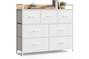 SONGMICS Commode, Armoire, Meuble de Rangement, 7 Tiroirs en Tissu avec Poignées, Cadre en Métal, Style Moderne, Blanc Nuage et Beige Chêne LTS523W57