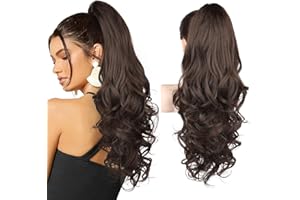 REECHO 24" Claw Clip in Ponytail Extensions Long Curly Wavy Ponytail Hair Extension Jaw Clip on Pony Tails Hairpiece for Women - Dark Chocolate Brown