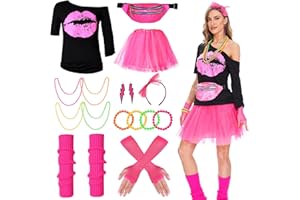 Hereneer 80er Jahre Outfit Damen, 80er Jahre Kleidung Kostüm, 80er Kostüm Damen Accessoires mit T-Shirt, Tutu, Halskette, Ohrring, Gürteltasche, Beinwärmer für Karneval Cosplay Party Zubehör