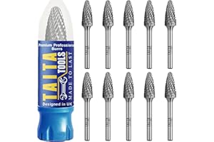 TAITATOOLS Carbide Burr 1/4" Shank, SF-5 Tungsten Double Cut Rotary Die Grinder Bits - Cutting Burrs for Milwaukee, Dewalt and Makita Die Grinder Accessories - Wood Carving Metal Working & Sturdy Storage Case