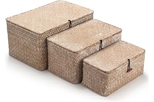 DOKOT Seagrass Storage Baskets with Lid Natural Rattan Woven Rectangular Organizer Box Set of 3 (Whitewash Large+Medium+Small)