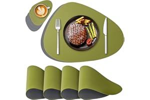 NOSTHEART Tischsets Abwaschbar 4er Set, Platzsets Abwischbar Tischsets Leder Rund Hitzebeständig rutschfest Platzdeckchen mit Untersetzer, Doppelseitigen - Grün Grau