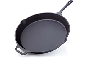 BBQ NERD BBQ-Nerd© - Sartén para barbacoa (diámetro de 35 cm, 4600 g, con boquilla y mango, sartén de hierro fundido para asar, asar, freír | Sartén antiadherente, resistente al calor y retiene el calor