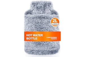 Bonilife Hot Water Bottle with Fluffy Cover, 2L Large Rubber Hot Water Bag with Hand Warmer Pocket Cover for Shoulder, Back, Period Pain Relief, Hot Water Bottle for Men Women Kids Adult-Grey