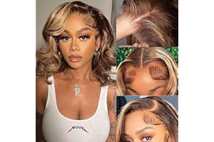 REBASAR Perruque Bresilienne Sans Colle Cheveux Humain 4x4 Body Wave Lace Wig(16 Pouces) Glueless Wig Human Hair Perruque Femme Naturelle Brésilien Bouclée 180% Density P4/27 Blond Ombre Highlight Couleur